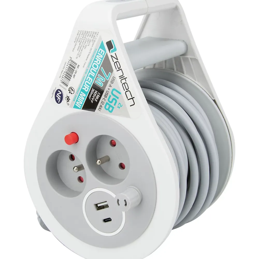 Zenitech Mini enrouleur H05VV-F 3G1 3 prise de 16A + USB 7m gris