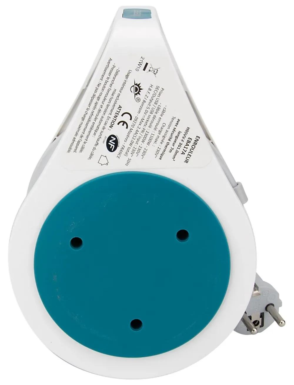 Zenitech Mini enrouleur 2 prises P+T + 2 USB - 7m - Bleu -