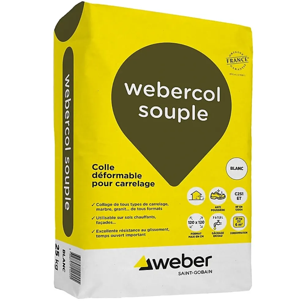 Weber Colle Carrelage-Mortier - colle déformable pour carrelage (C2 et S1) - COLLE SOUPLE - Sac de 25 Kg - Gris