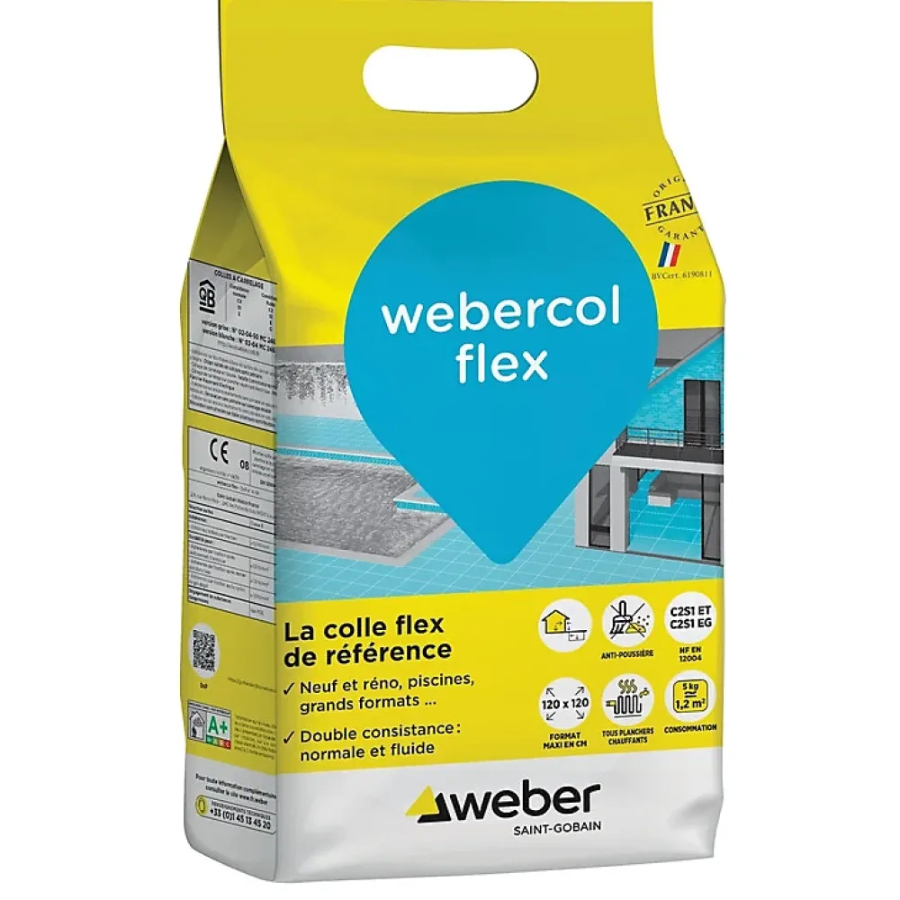 Weber Mortier colle pour carrelage COL FLEX intérieur et extérieur (C2S1 et EG) - Sac 5 Kg - GRIS