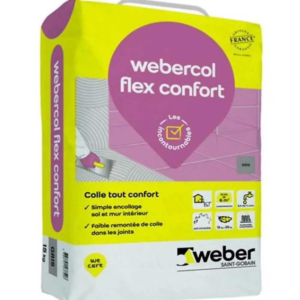Weber Colle Carrelage-Mortier-colle pour carrelage (C2 SI G) .COL FLEX CONFORT - Sac de 15 kg - BLANC