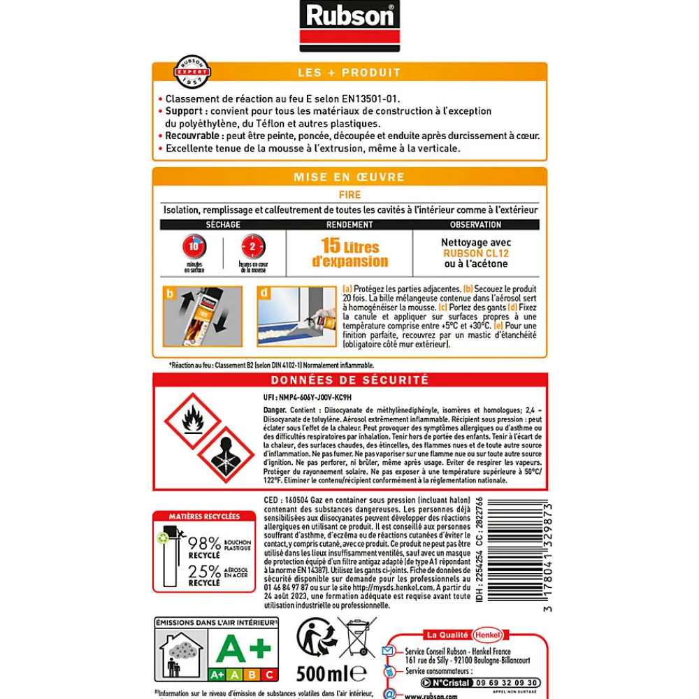 Rubson Mousse Expansive-Mousse expansive Feu B2 aérosol 500ml