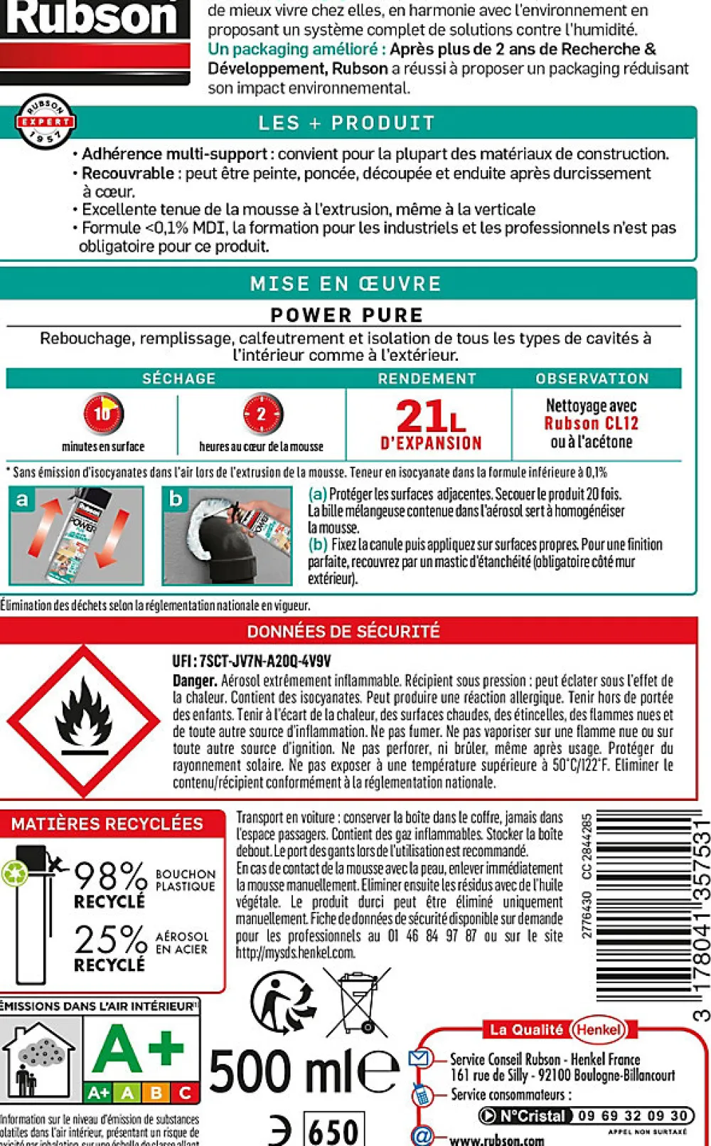 Rubson Mousse Expansive-Mousse Expansive Power Pure Aérosol, 21L