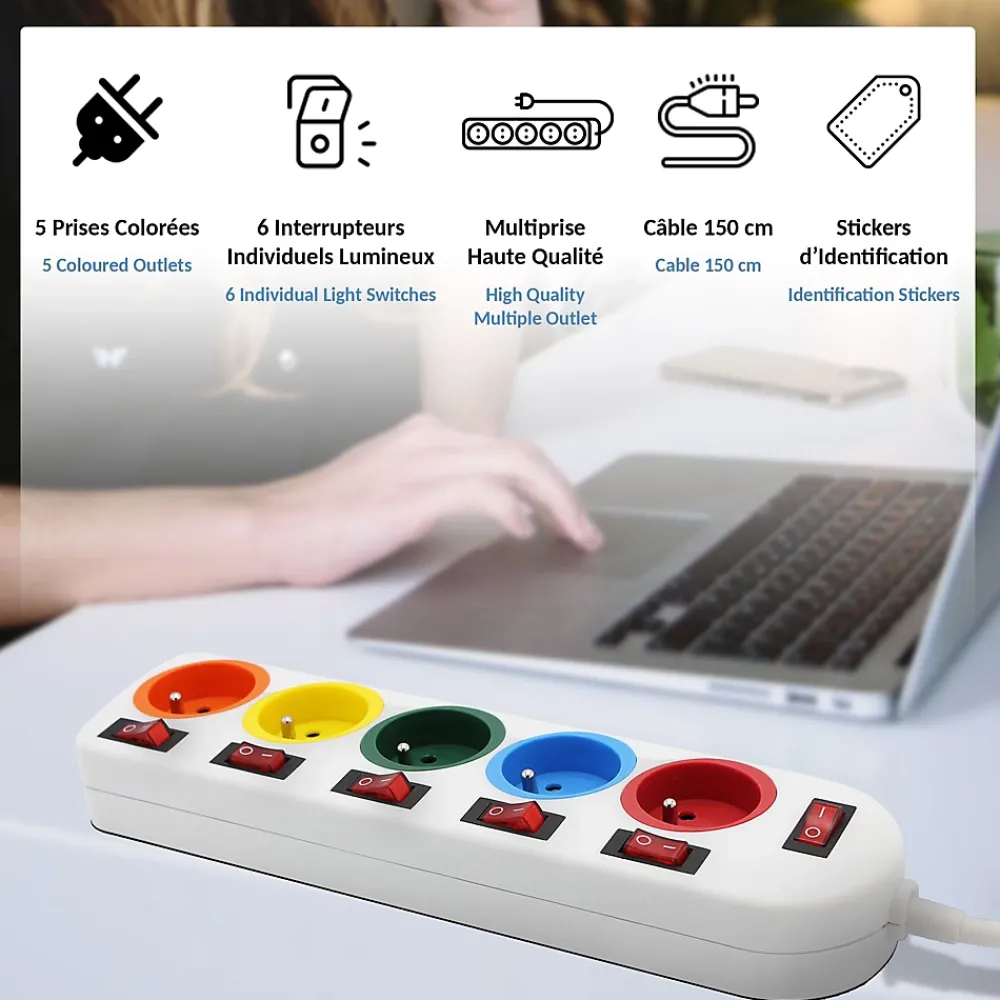 Fishtec Multiprise-Multiprise 5 Prises Interrupteurs Câble 150 cm Stickers Couleurs