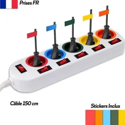 Fishtec Multiprise-Multiprise 5 Prises Interrupteurs Câble 150 cm Stickers Couleurs