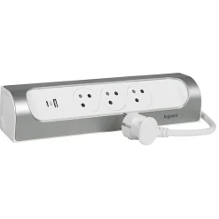 Legrand Multiprise-Multiprise 3 prises + 1 x USB-A + 1 x USB-C blanc et aluminium 1 m