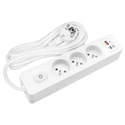 Seldur Transformateur, Convertisseur Et Chargeur Usb-Multiprise G3FH12B, 3 prises type E + interrupteur, USB A+C charge rapide 20W, Blanc, câble 1.5m