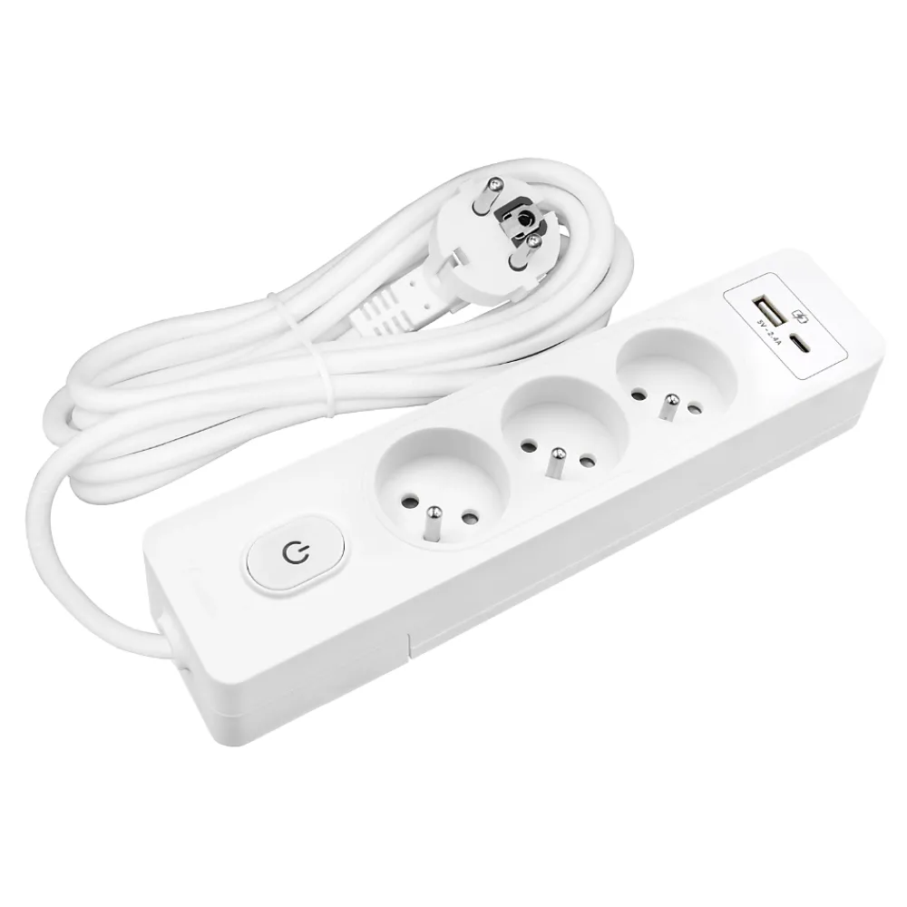 Seldur Transformateur, Convertisseur Et Chargeur Usb-Multiprise G3FU22B, 3 prises type E + interrupteur, USB A+C charge standard 12W, Blanc, câble 2m