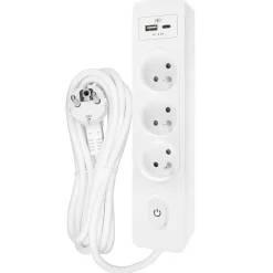 Seldur Transformateur, Convertisseur Et Chargeur Usb-Multiprise G3FU22B, 3 prises type E + interrupteur, USB A+C charge standard 12W, Blanc, câble 2m