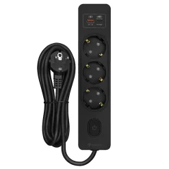 Seldur Multiprise G3TH12S, 3 prises type F + interrupteur, USB A+C charge rapide 20W, Noir, câble 1.5m