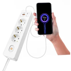 Seldur Multiprise G3TH12S, 3 prises type F + interrupteur, USB A+C charge rapide 20W, Noir, câble 1.5m