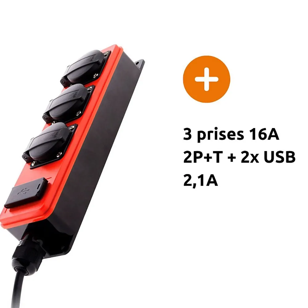 Zenitech Multiprise-Multiprise étanche 3 prises 16A 2P+T + USB -