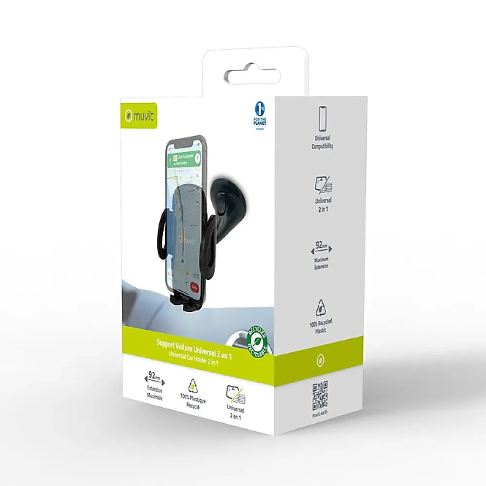 Muvit Accessoire Smartphone Et Tablette-Support Voiture Universel 2 en 1 avec Pince Extensible à 92mm Noir