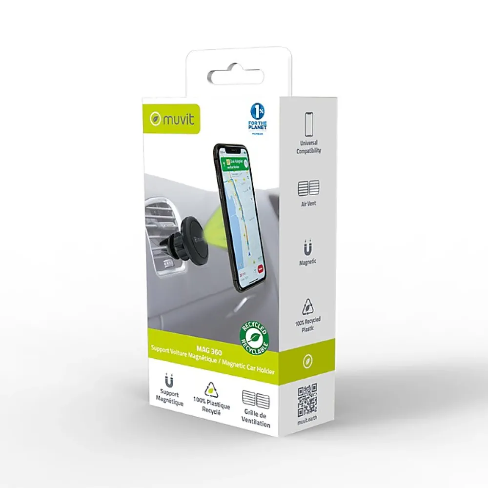 Muvit Support Voiture Universel Magnétique en Plastique avec Rotule Pivotable à 360 Noir