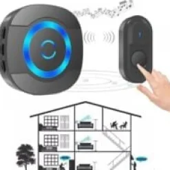 Deko Noir Sonnette de Porte sans Fil 300M Étanche Carillon Electronique avec Récepteur Enfichable pour la Maison 55 Mélodies LED