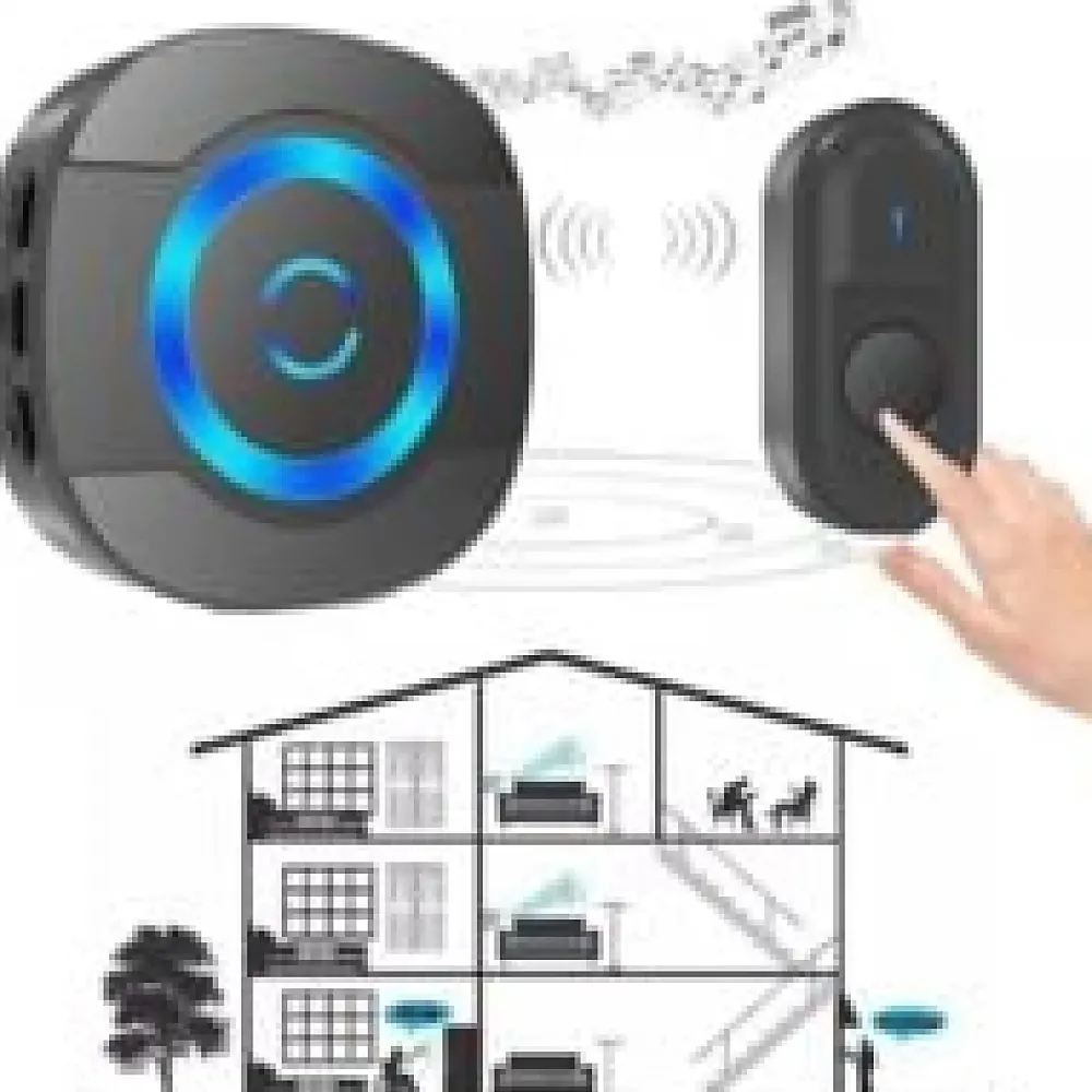 Deko Noir Sonnette de Porte sans Fil 300M Étanche Carillon Electronique avec Récepteur Enfichable pour la Maison 55 Mélodies LED