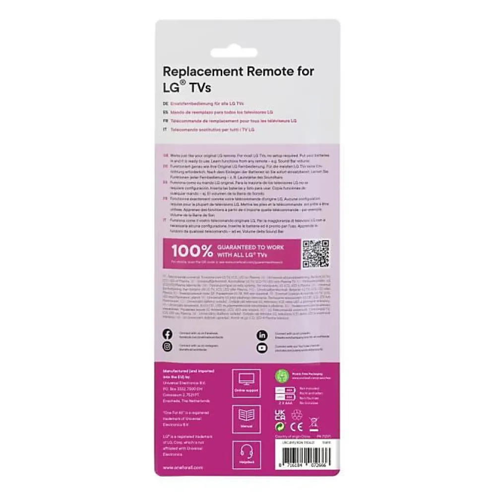 One For All URC4911 - Telecommande de remplacement pour TV LG