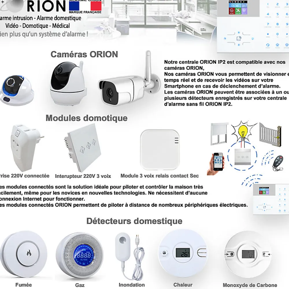 Alarme Orion Alarme Sans Fil-Pack sans fil connectée IP + GSM 4G avec sirène à piles - pour maison 3 à 5 piéces.
