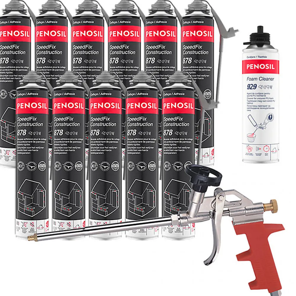 Penosil Mousse Expansive-Pack 11 Mousses colle universelle SpeedFix Construction 878 pistolable 690ml + Nettoyant FoamCleaner929 500ml + Pistolet