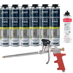 Bostik Pack 6 Mousses expansives PU pistolable P305 Foam'n'Fill 750ml + Nettoyant FoamCleaner 929 500ml + Pistolet manuel