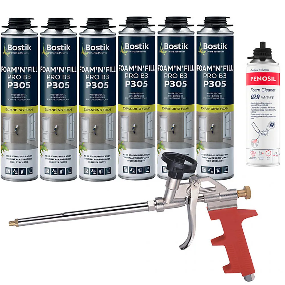 Bostik Pack 6 Mousses expansives PU pistolable P305 Foam'n'Fill 750ml + Nettoyant FoamCleaner 929 500ml + Pistolet manuel
