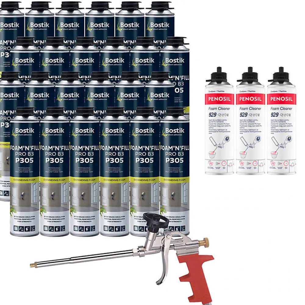 Bostik Pack 24 Mousses expansives PU pistolable P305 Foam'n'Fill 750ml + 3 Nettoyants FoamCleaner 929 500ml + Pistolet manuel