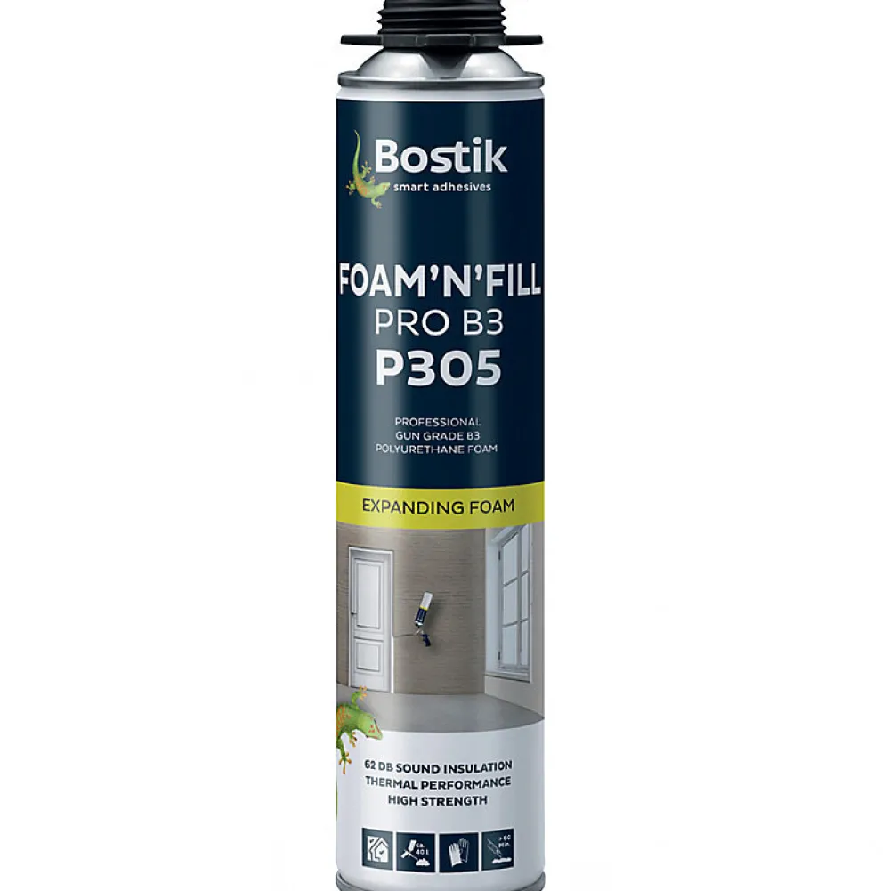 Bostik Mousse Expansive-Pack 24 Mousses expansives PU pistolable P305 Foam'n'Fill 750ml + 12 Nettoyants mousse PU CL12 500ml + Pistolet manuel