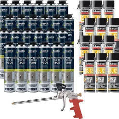 Bostik Mousse Expansive-Pack 24 Mousses expansives PU pistolable P305 Foam'n'Fill 750ml + 12 Nettoyants mousse PU CL12 500ml + Pistolet manuel