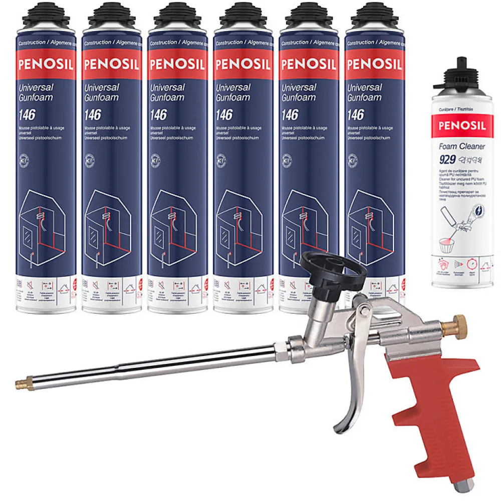 Penosil Pack 6 Mousses polyuréthanes Universal Gunfoam 146 pistolable 690ml + Nettoyant FoamCleaner 929 500ml + Pistolet manuel