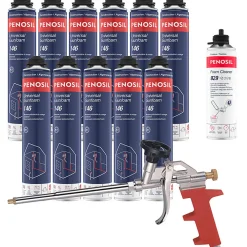 Penosil Pack 11 Mousses polyuréthanes Universal Gunfoam 146 pistolable 690ml + Nettoyant FoamCleaner 929 500ml + Pistolet manuel