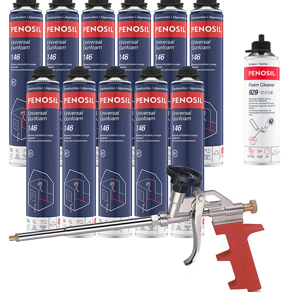 Penosil Pack 11 Mousses polyuréthanes Universal Gunfoam 146 pistolable 690ml + Nettoyant FoamCleaner 929 500ml + Pistolet manuel