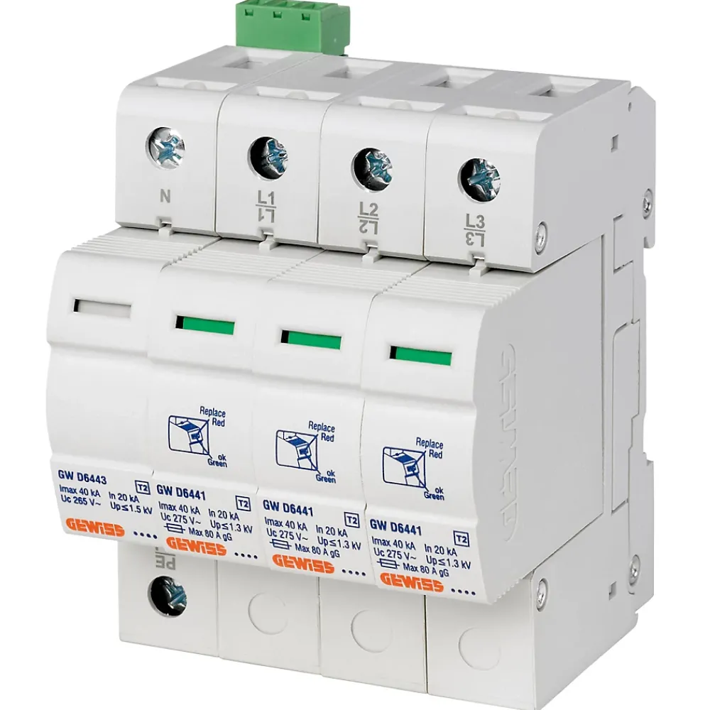 Gewiss Parafoudre triphasé + neutre 40 kA avec contact aux. de fin de vie - Type 2 - 4 modules - - GWD6420