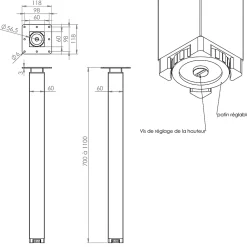Cime Pied de plan de travail carré en acier époxy nickelé brossé Zoom H. 70 / 110 cm