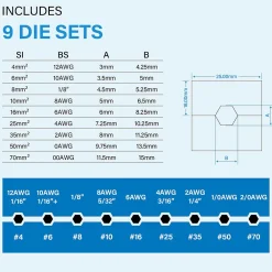 Teeno Tire-Fil-Pince à Sertir Hydraulique 10T avec 9 Matrices Hexagonales Course 12mm