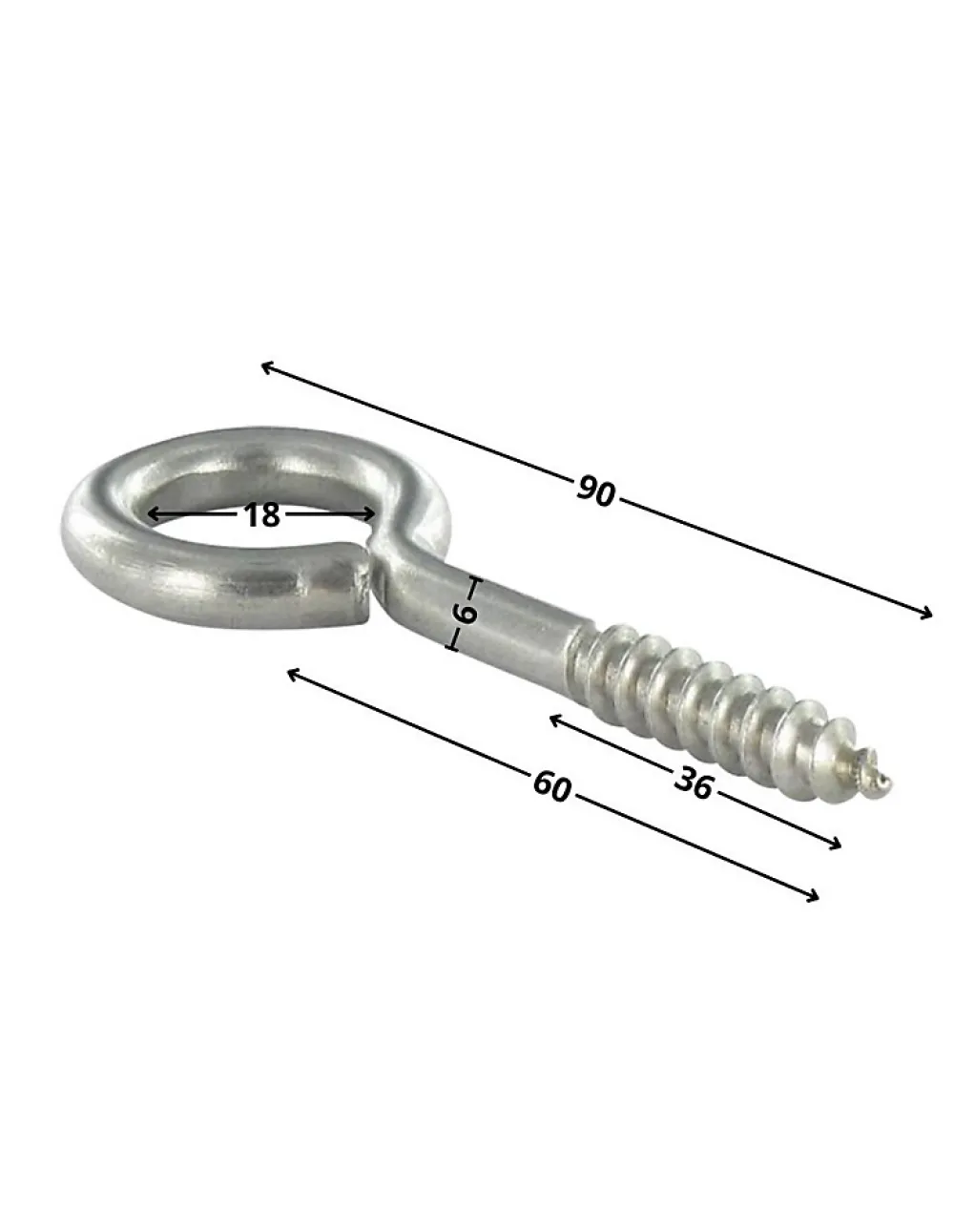 Vis Express Piton Bois 6X60 Filetée sur 36 Longueur total 90 Oeil 18 Inox A2 - 1 pièce