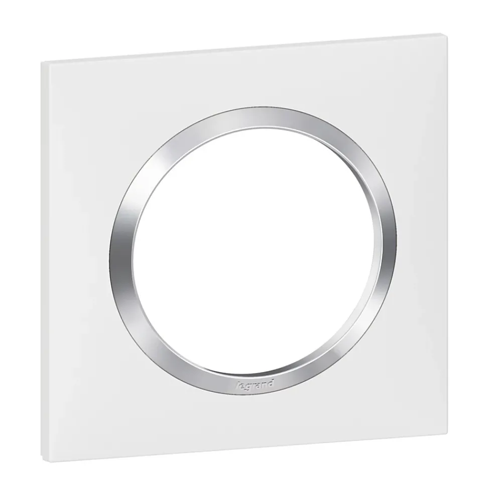 Legrand Plaque de finition 1 poste Dooxie 6 008 41 coloris blanc mat avec bague effet chrome l.87 x P.10 x H.87 mm
