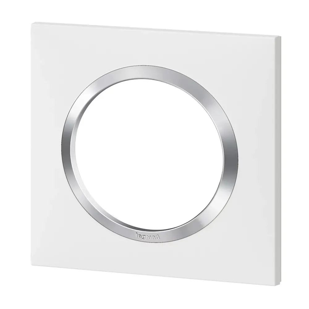 Legrand Plaque de finition 1 poste Dooxie 6 008 41 coloris blanc mat avec bague effet chrome l.87 x P.10 x H.87 mm