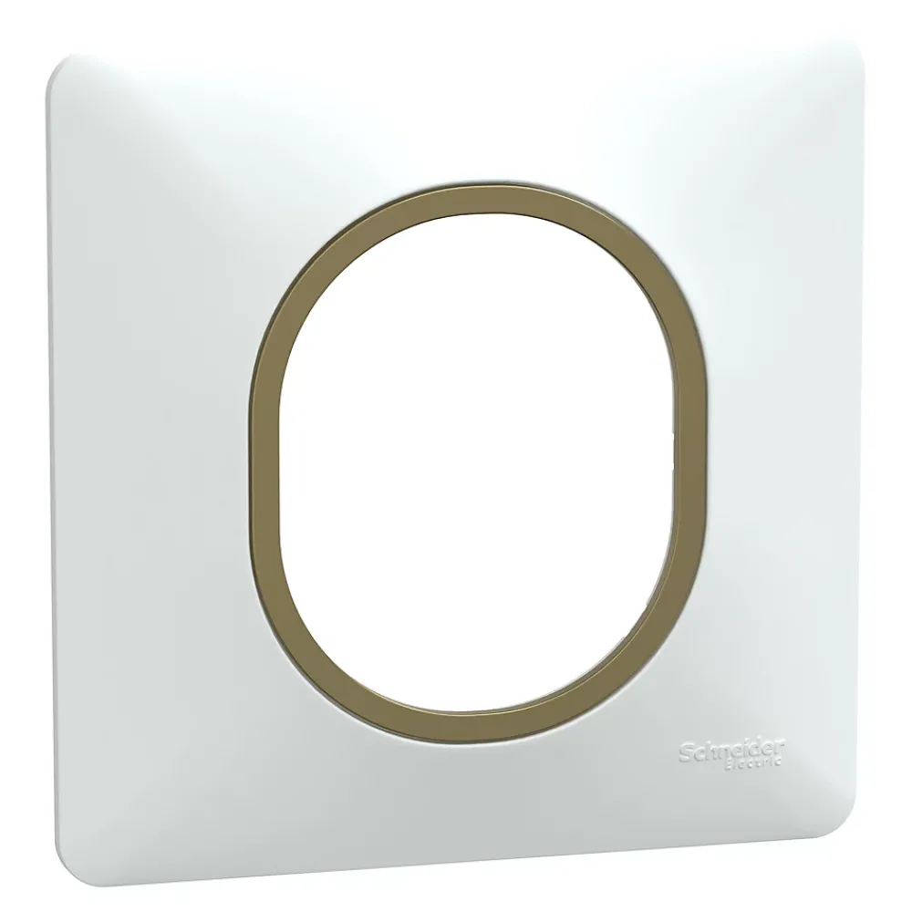 Schneider Electric Plaque De Finition Pour Interrupteur Et Prise À Composer-Plaque de finition 1 poste Ovalis S320702D coloris blanc avec liseré laiton l.87 x P.10 x H.87 mm