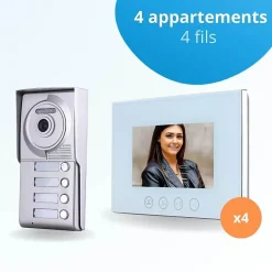 BT SECURITY Portier interphone vidéo classic 4 fils - 4 appartements - 4 écrans blancs 7