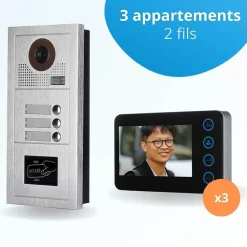 BT SECURITY Visiophone-Portier interphone vidéo modern 2 fils - 3 appartements - 3 écrans noirs - avec lecteur de badge