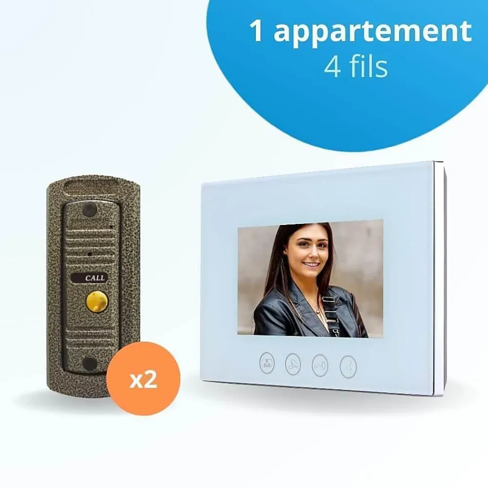BT SECURITY Visiophone-Portier interphone vidéo pino 4 fils pour 2 entrées - 1 appartement - 2 platines - 1 écran blanc 7" - avec mémoire photos