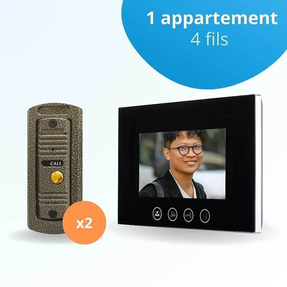 BT SECURITY Visiophone-Portier interphone vidéo pino 4 fils pour 2 entrées - 1 appartement - 2 platines - 1 écran noir 7" - avec mémoire photos