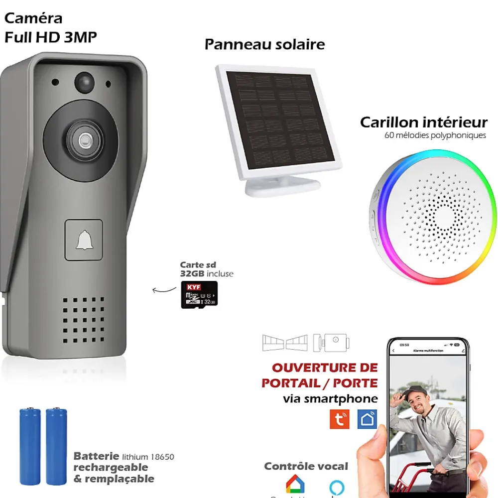 Kyf Portier Vidéo Solaire connecté Wifi avec Carillon intérieur 60 mélodies