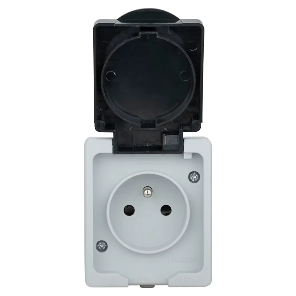 Prise avec terre étanche en saillie gris complet - H 8,5 cm / L 6,5 cm / P 5 cm