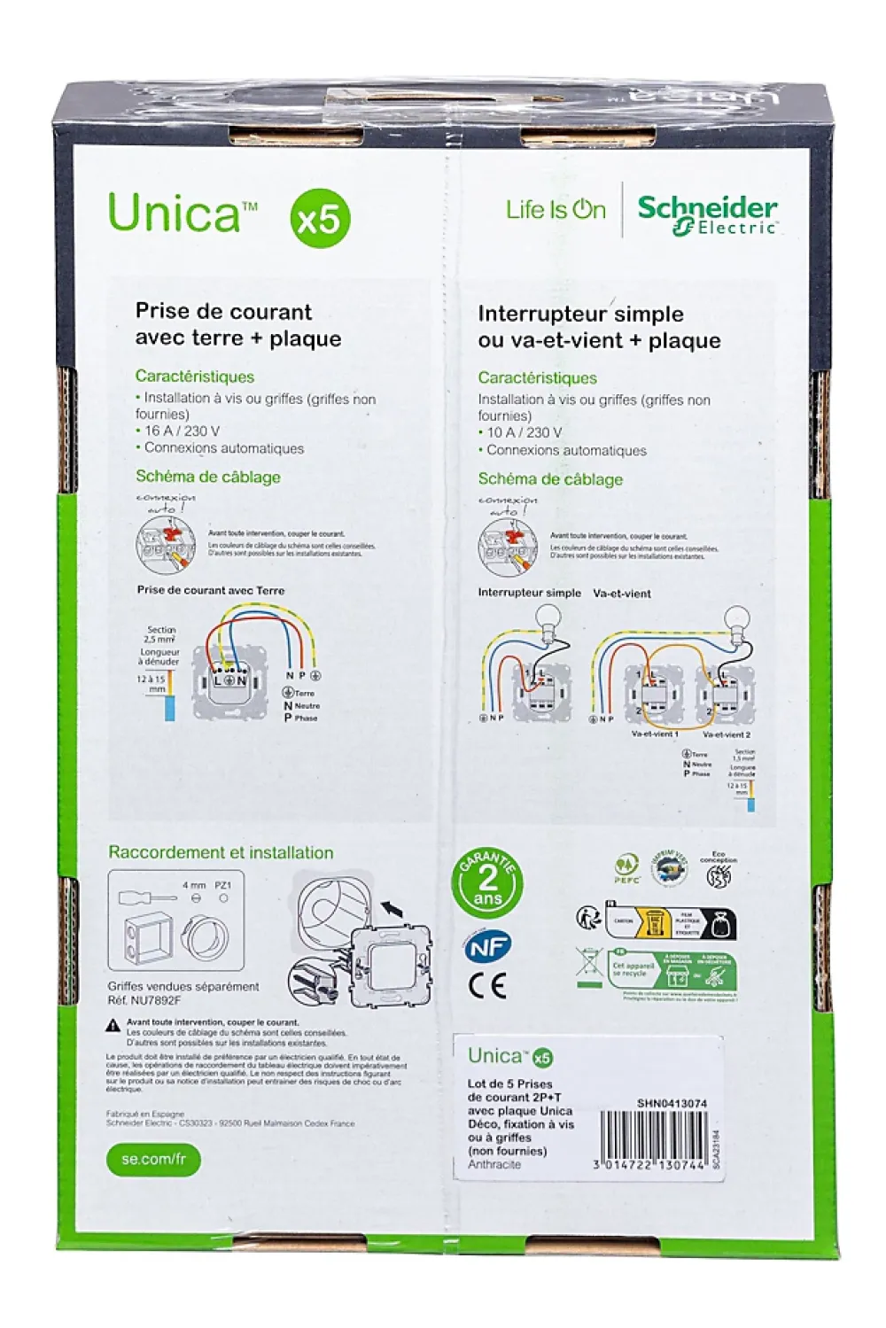 Schneider Electric Prise de courant avec terre anthracite, lot de 5