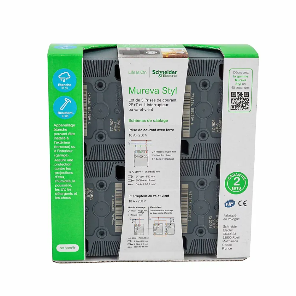 Schneider Electric Prise Étanche-3 prises avec terre + 1 interrupteur va-et-vient Mureva Styl gris anthracite, lot