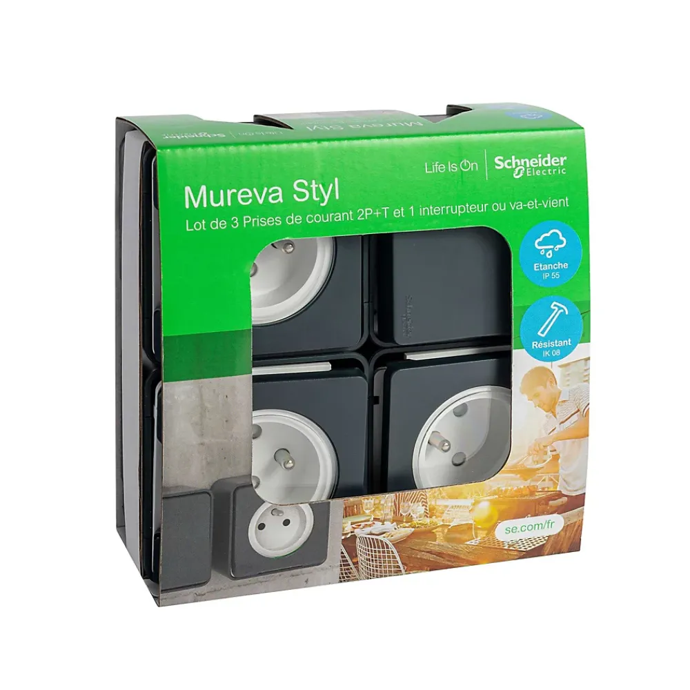 Schneider Electric Prise Étanche-3 prises avec terre + 1 interrupteur va-et-vient Mureva Styl gris anthracite, lot