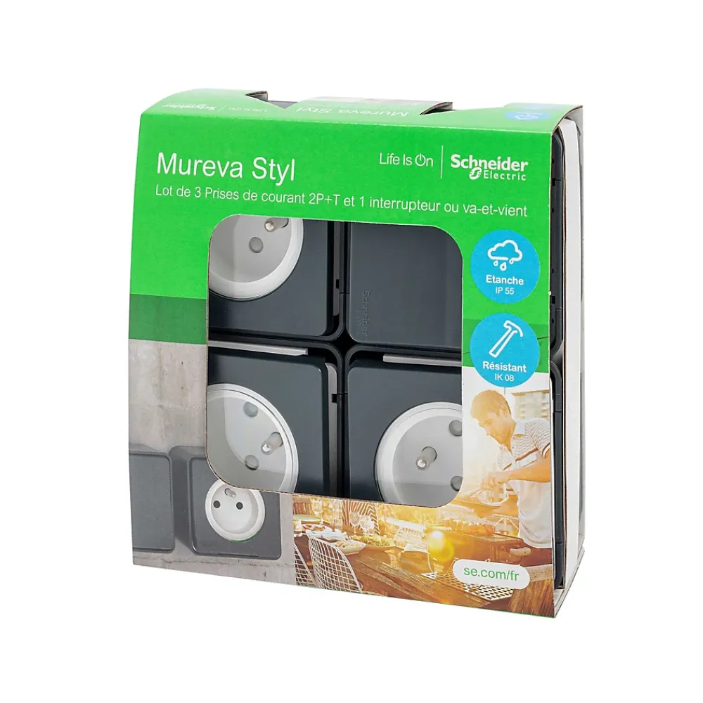 Schneider Electric Prise Étanche-3 prises avec terre + 1 interrupteur va-et-vient Mureva Styl gris anthracite, lot