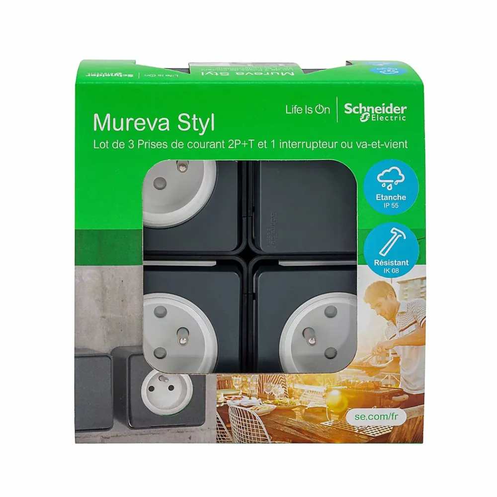 Schneider Electric Prise Étanche-3 prises avec terre + 1 interrupteur va-et-vient Mureva Styl gris anthracite, lot