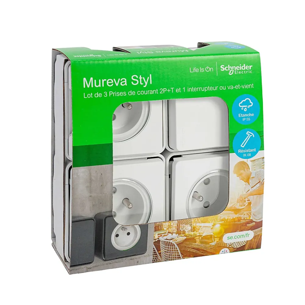 Schneider Electric 3 prises avec terre + 1 interrupteur va-et-vient Mureva Styl blanc, lot